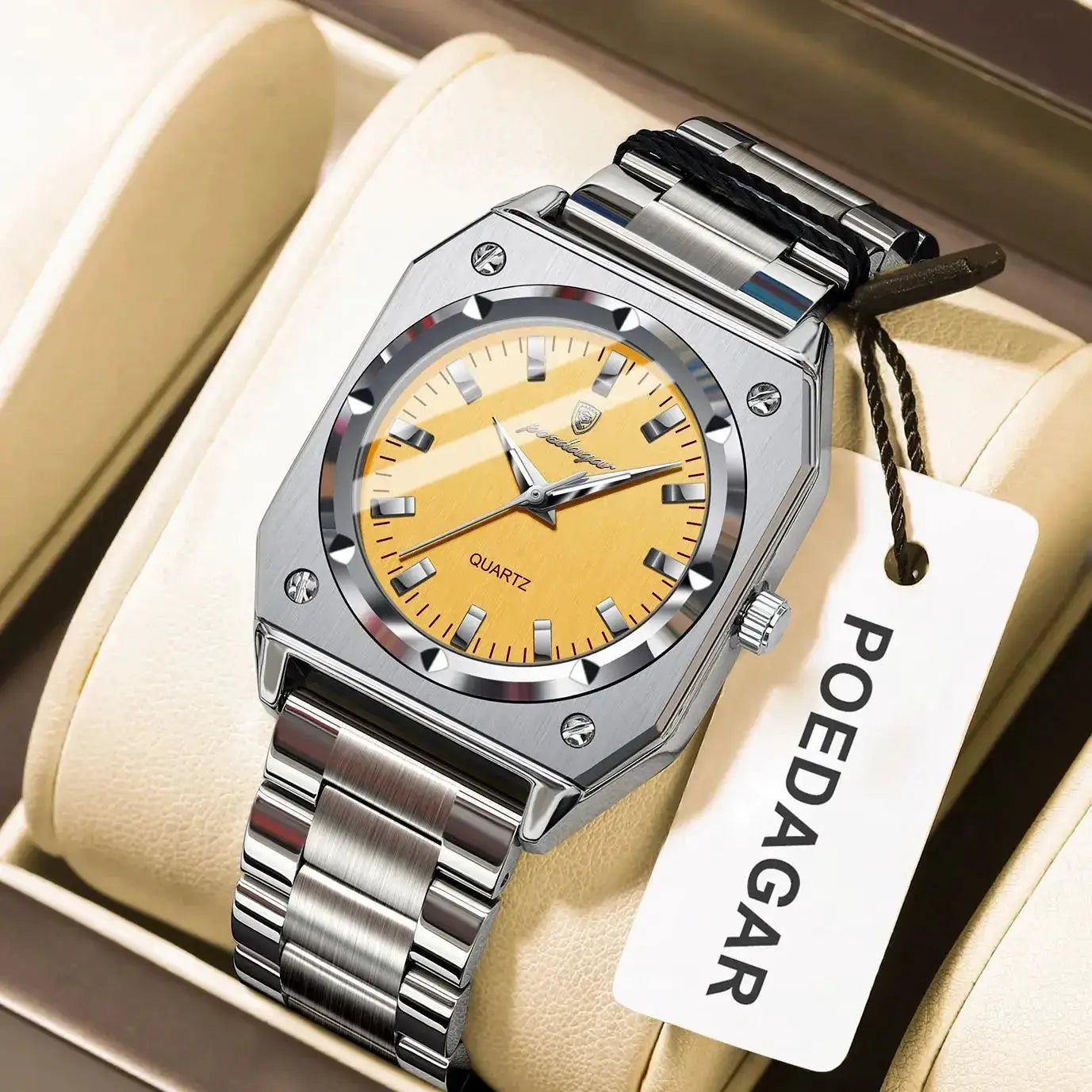 POEDAGAR ladies stainless steel wristwatch with yellow dial, waterproof quartz