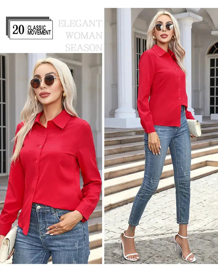 Women's solid red chiffon button-down blouse with long sleeves and turn-down collar