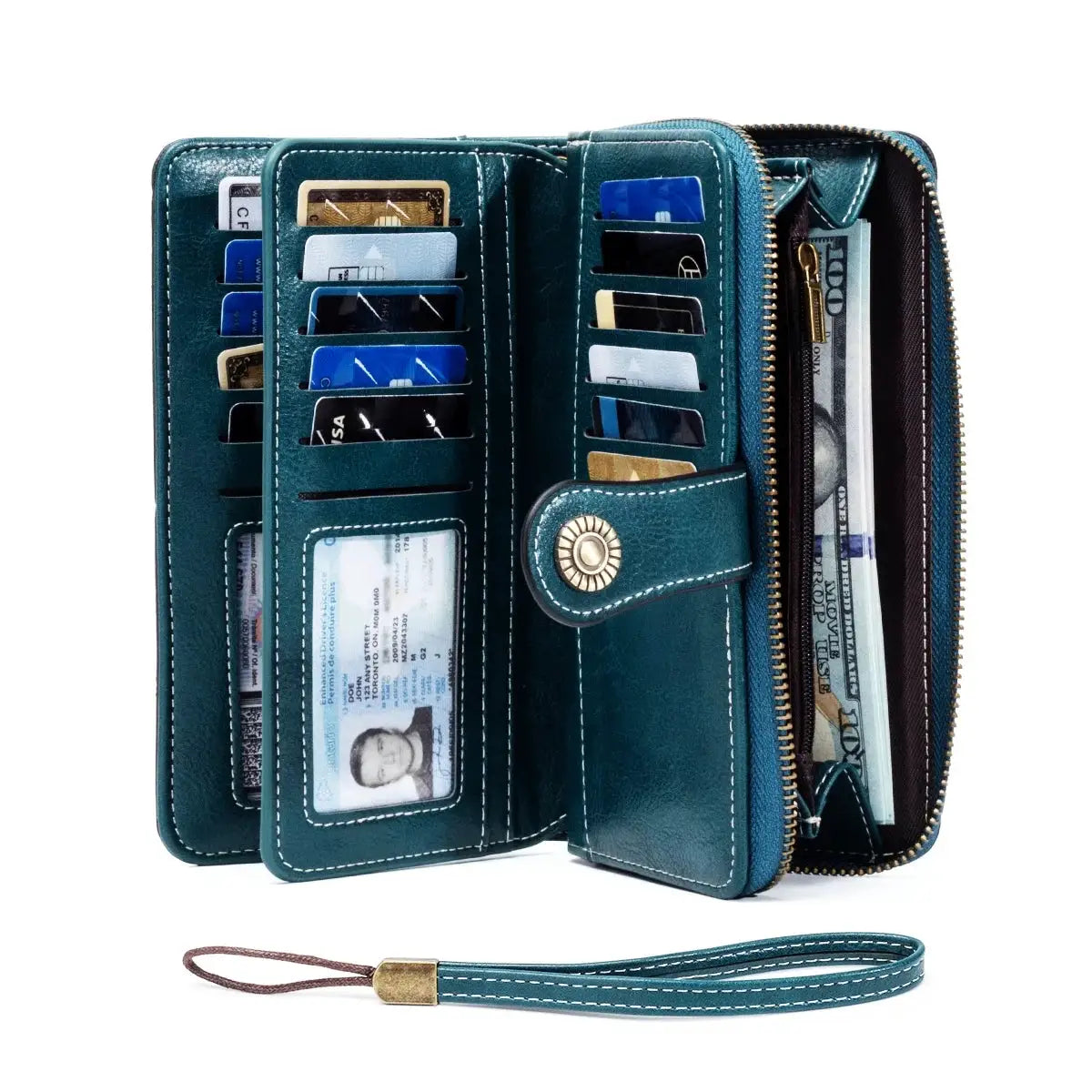 Teal oil-waxed leather RFID anti-theft long wallet with multiple card slots and zipped coin pouch.