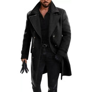Men's black wool-blend double-breasted long coat with turn-down collar