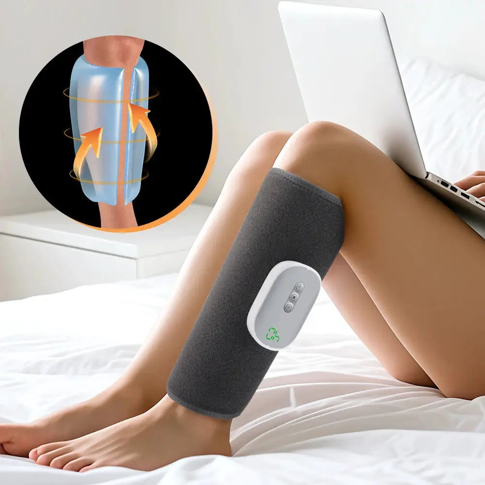 Electric 360° calf massager, wireless leg wrap with gray fabric sleeve and 3-mode airbag compression