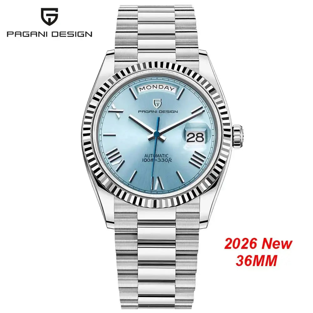 Pagani Design stainless steel automatic men's watch with light blue dial and date window.