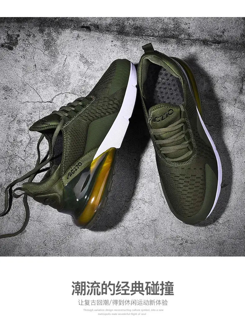 Men's olive-green outdoor jogging sneakers pair with breathable mesh upper and yellow air-cushion sole, Simples Market