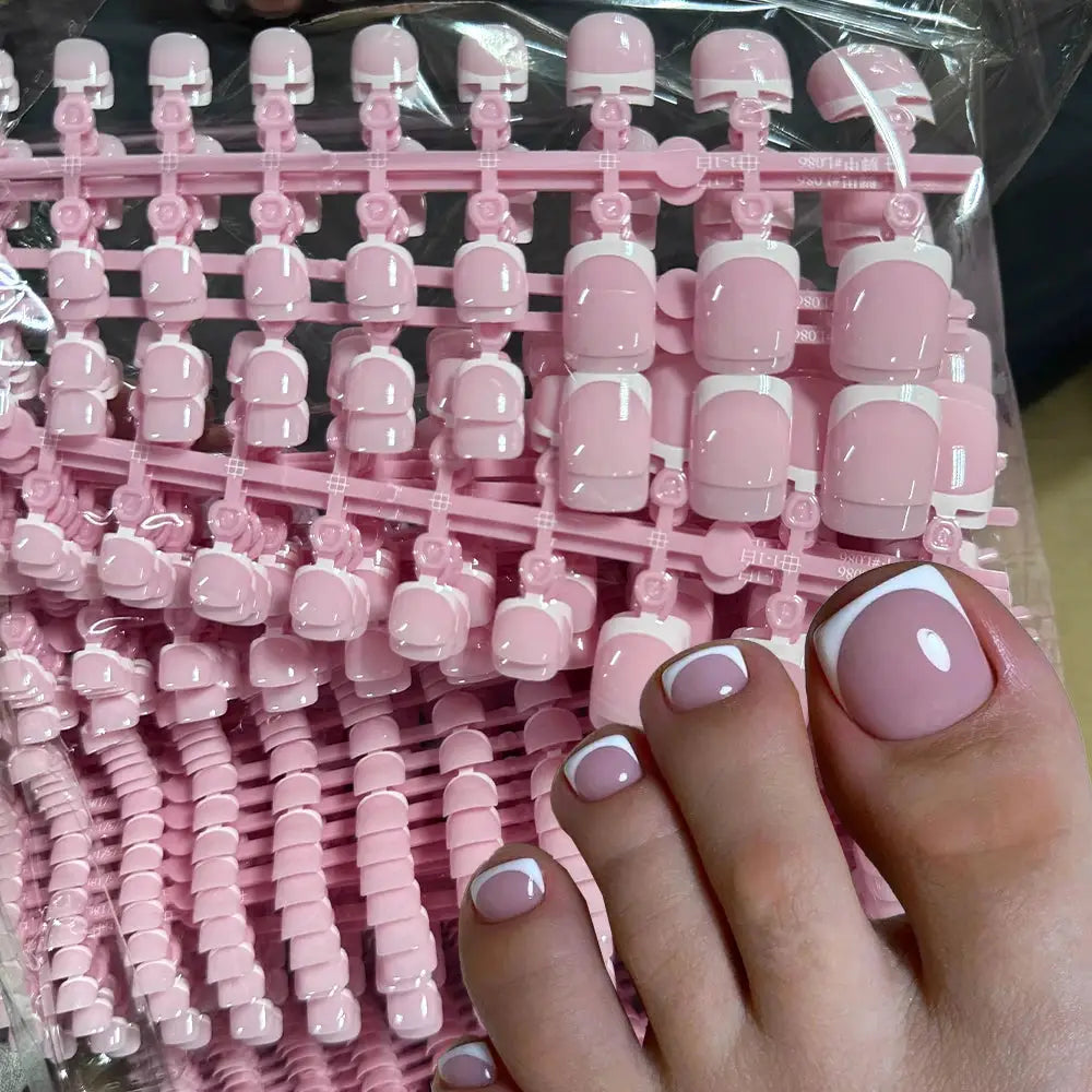 GlamToe Soft Gel Press On Toenails Full Coverage Short Square Pink French White Edge Easy Application