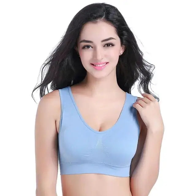 Sports bra by Simples Market, light-blue wireless seamless, non-underwire, plus-size S-7XL