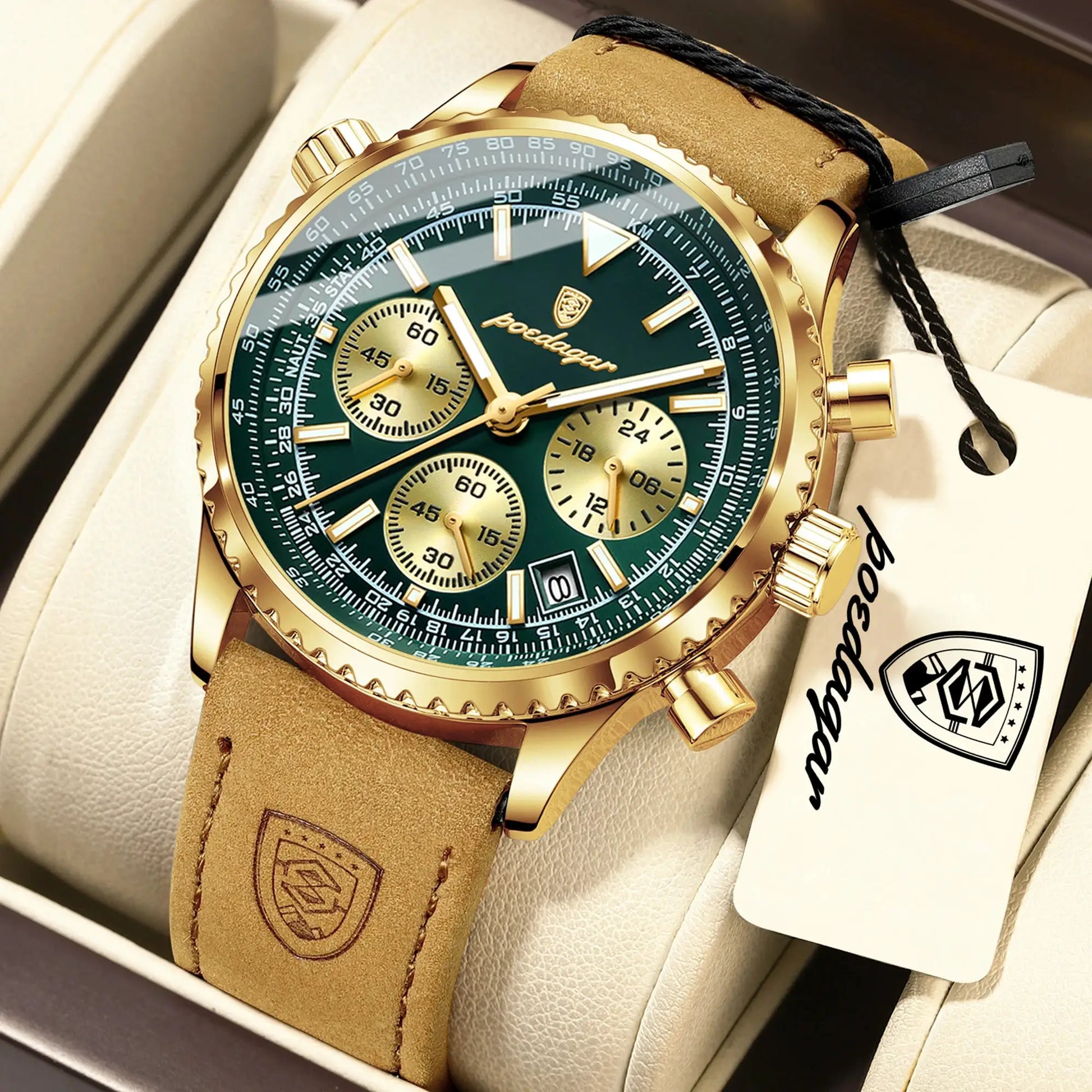 POEDAGAR men's chronograph wristwatch with gold-tone case, green dial and leather strap