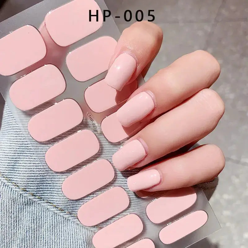 Pink semi-cured gel nail wraps from Simples Market; full-cover nail decals for UV lamp cure