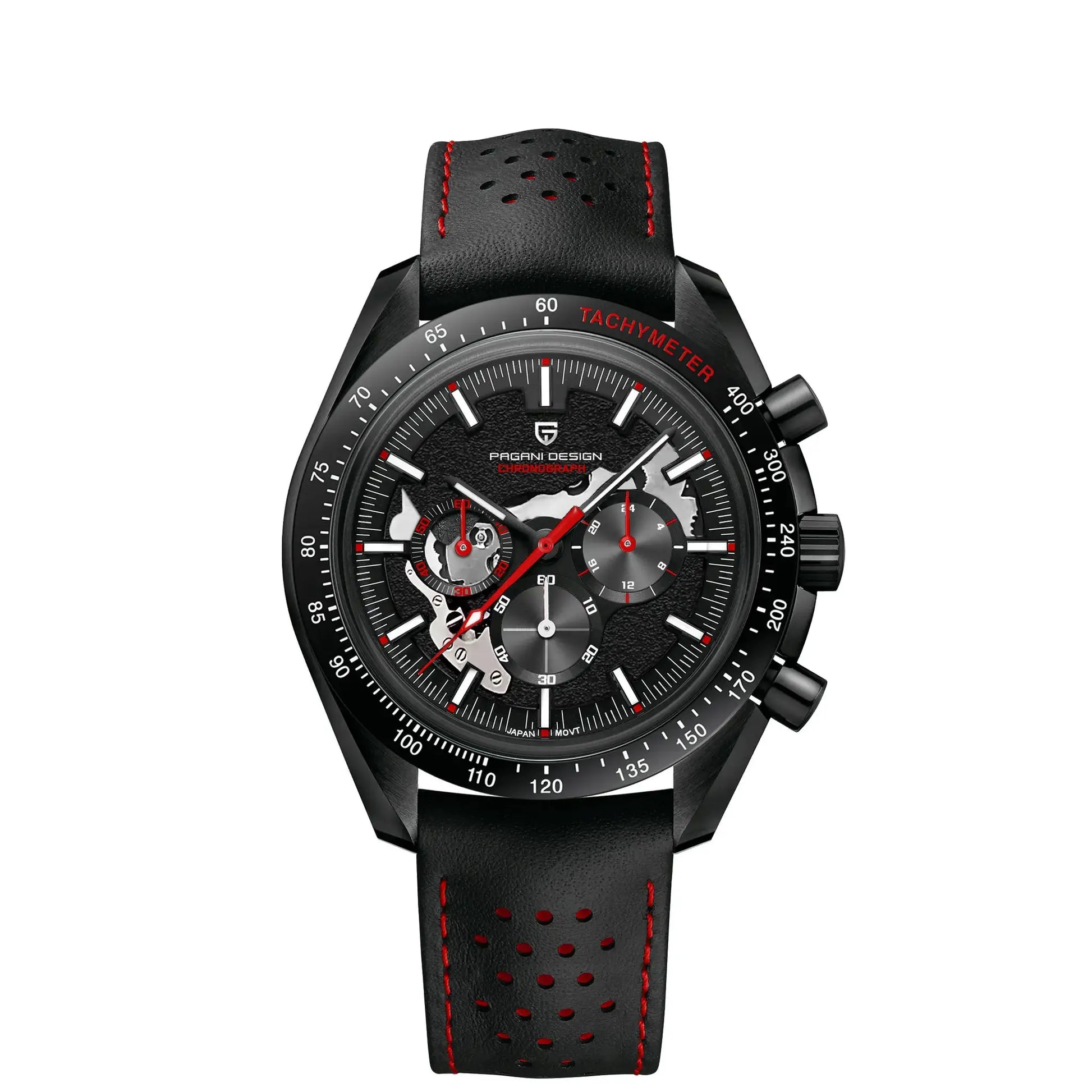 Pagani Design men's skeleton chronograph watch on black perforated leather strap with red stitching and tachymeter bezel
