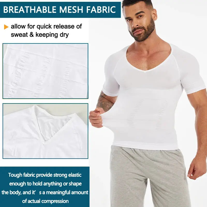 Mens Slimming Compression Shirt Body Shaper V-Neck Undershirt by Simples Market, white with breathable mesh fabric