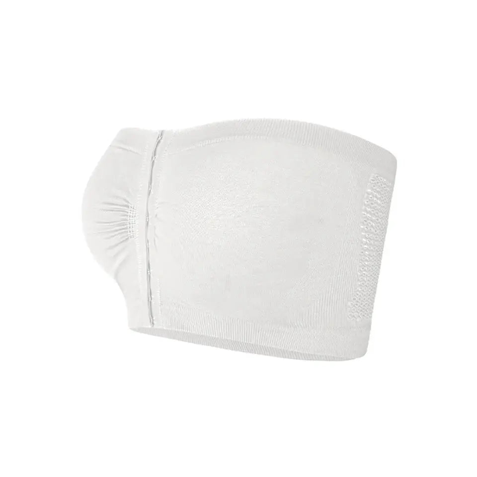 Plus-size strapless bandeau bra; white, front-closure, seamless wireless bralette