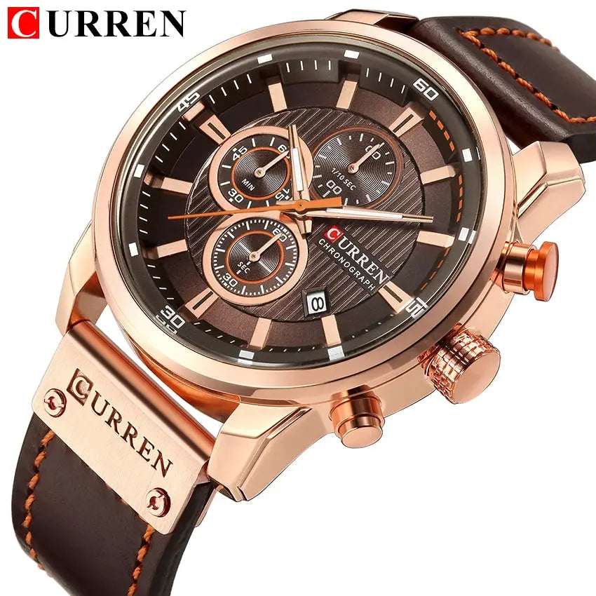 Curren 8291 men's quartz chronograph watch with rose-gold case and brown leather strap