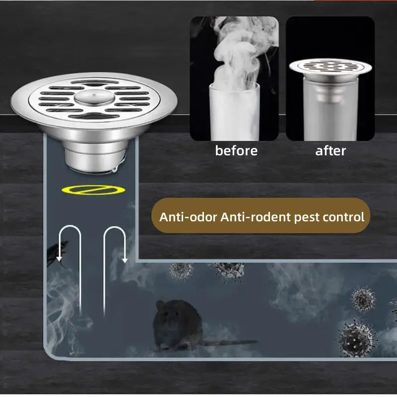 Stainless steel floor drain with anti-odor hair catcher by Simples Market.