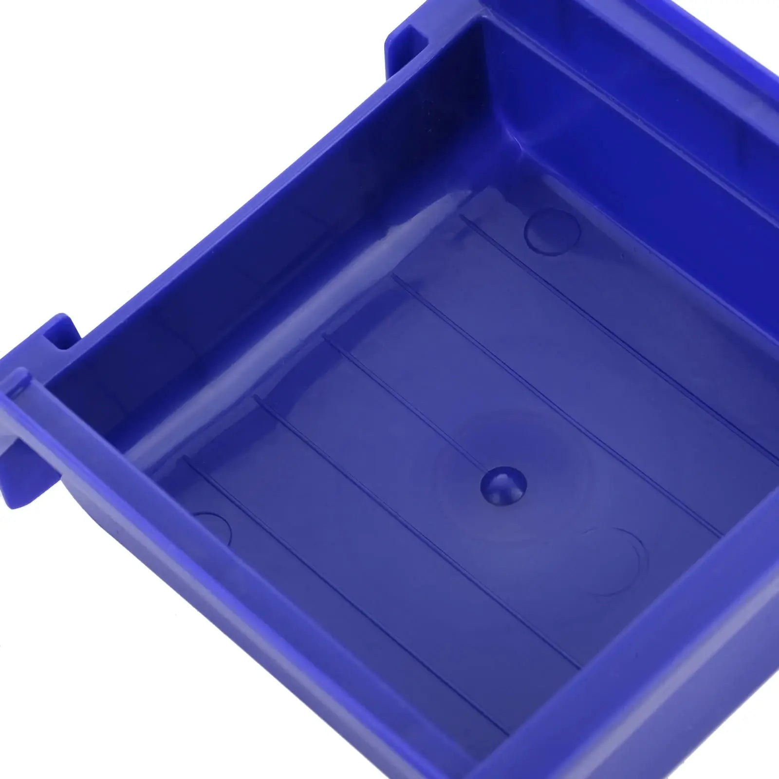 Simples Market blue ABS stackable storage bin for garage organization; plastic container with ribbed base.