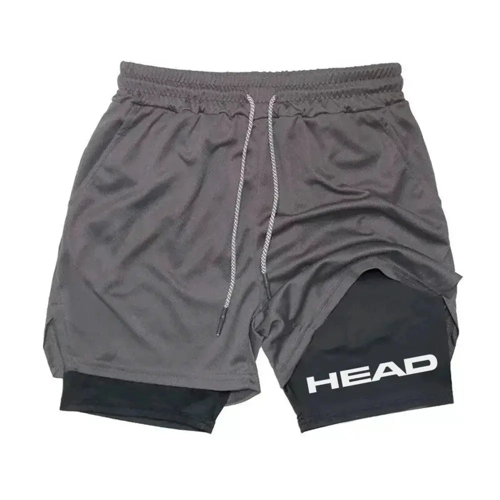 2-in-1 gray running shorts with black inner liner and HEAD logo, drawstring waist, quick-dry fabric