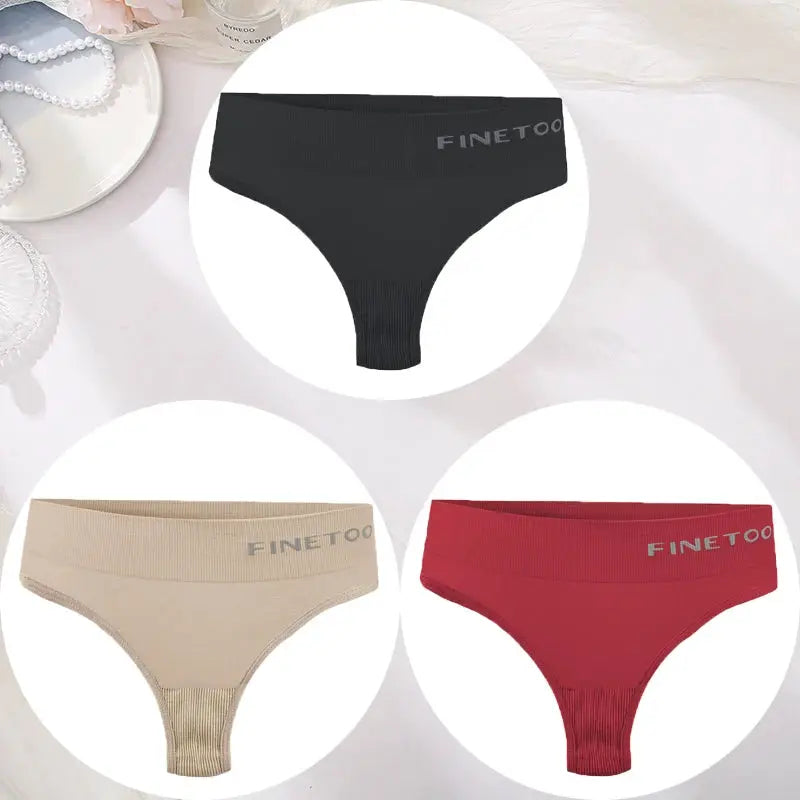 3-pack FINETOO women's seamless high-waist thong panties in black, beige, and red