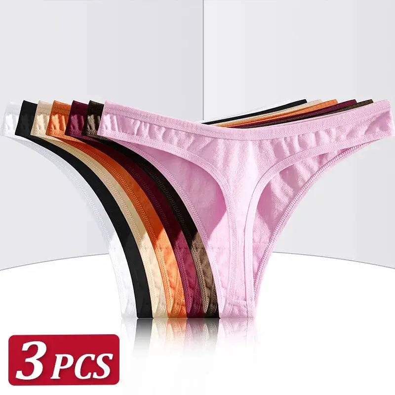 3-piece seamless cotton thong underwear set in assorted colors, low-rise T-back for women