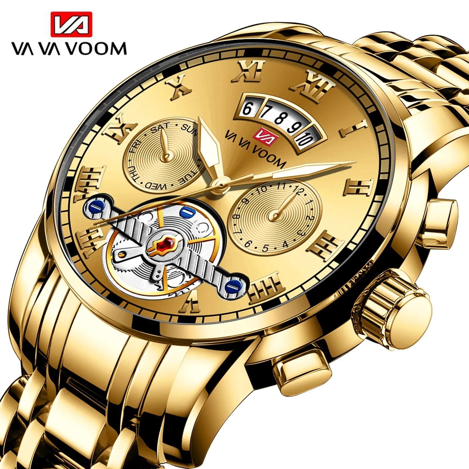Gold-tone men's luxury watch by Simples Market with VA VOOM logo, stainless steel band