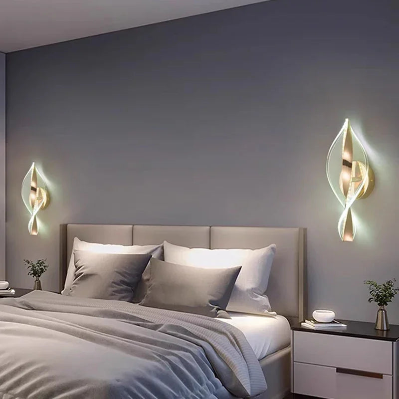 Nordic LED wall lamp pair with gold-tone acrylic leaf accents for bedside bedroom lighting.