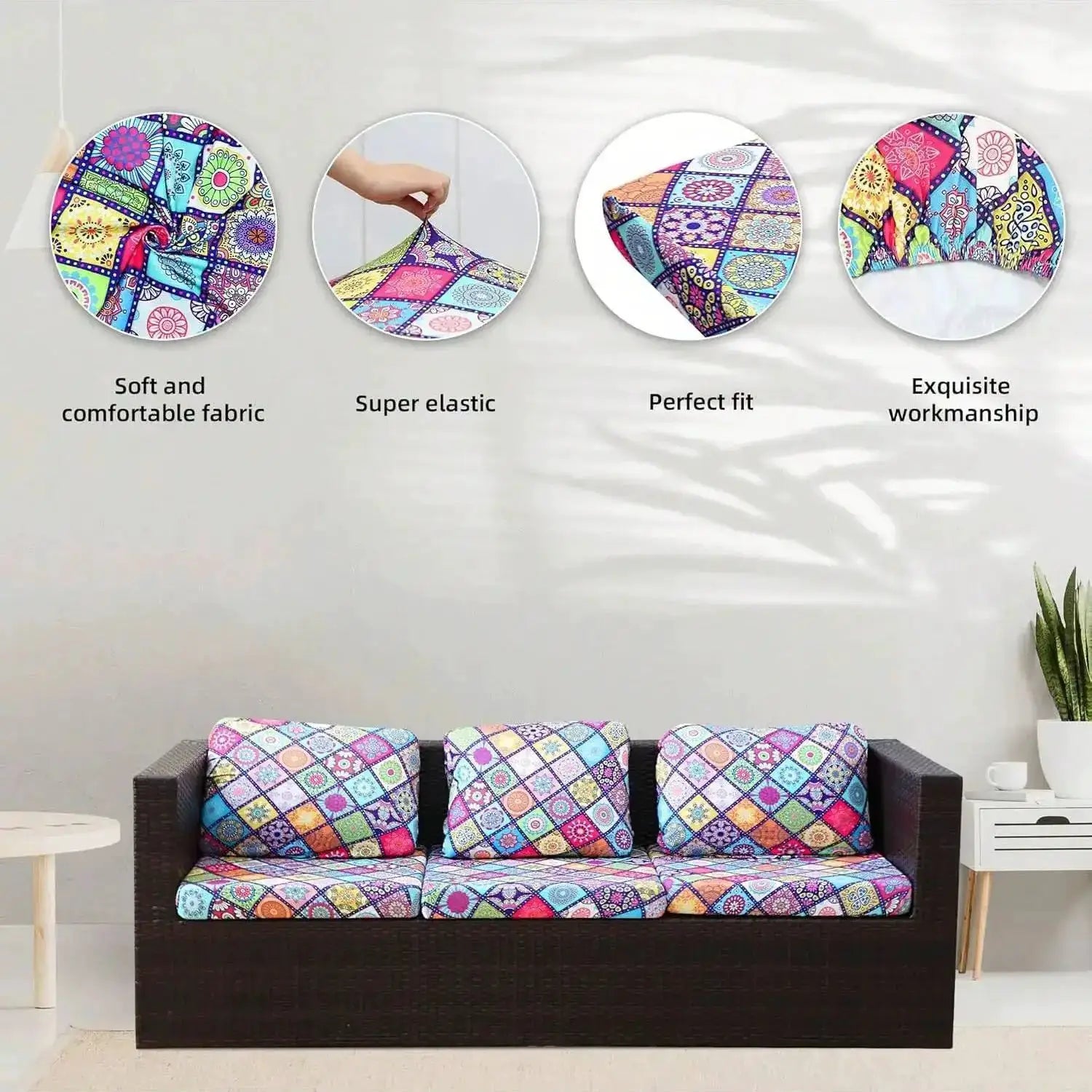Simples Market Outdoor Tropical Print Sofa Cushion Covers; three colorful non-slip covers on a brown sofa