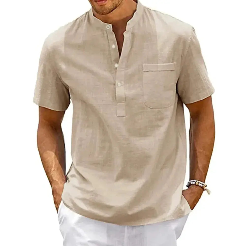 Men's Cotton Linen Henley Shirt With Pocket Short Sleeve Solid Color Casual Beachwear Vintage Streetwear