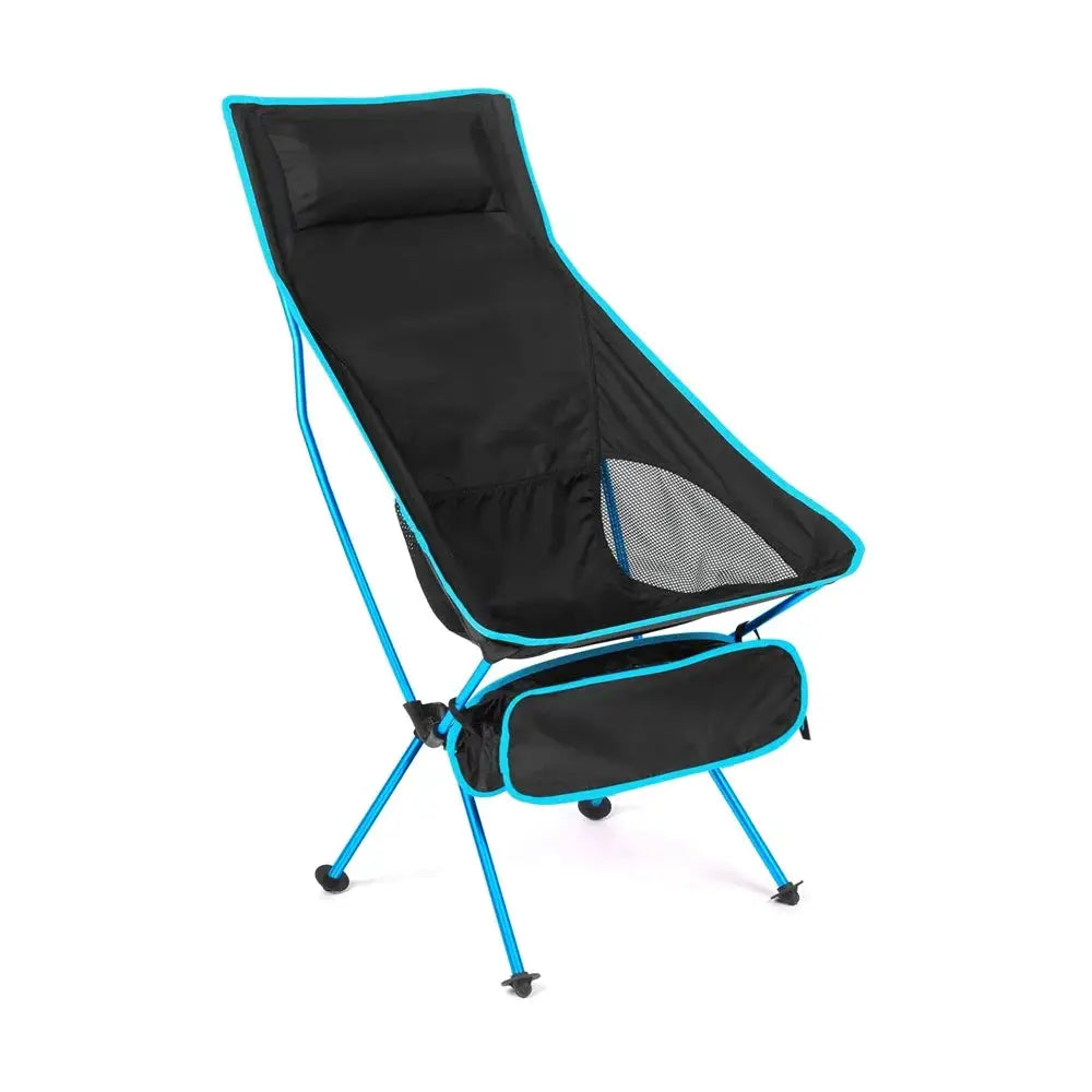 Folding ultralight chair with blue frame and under-seat storage pouch