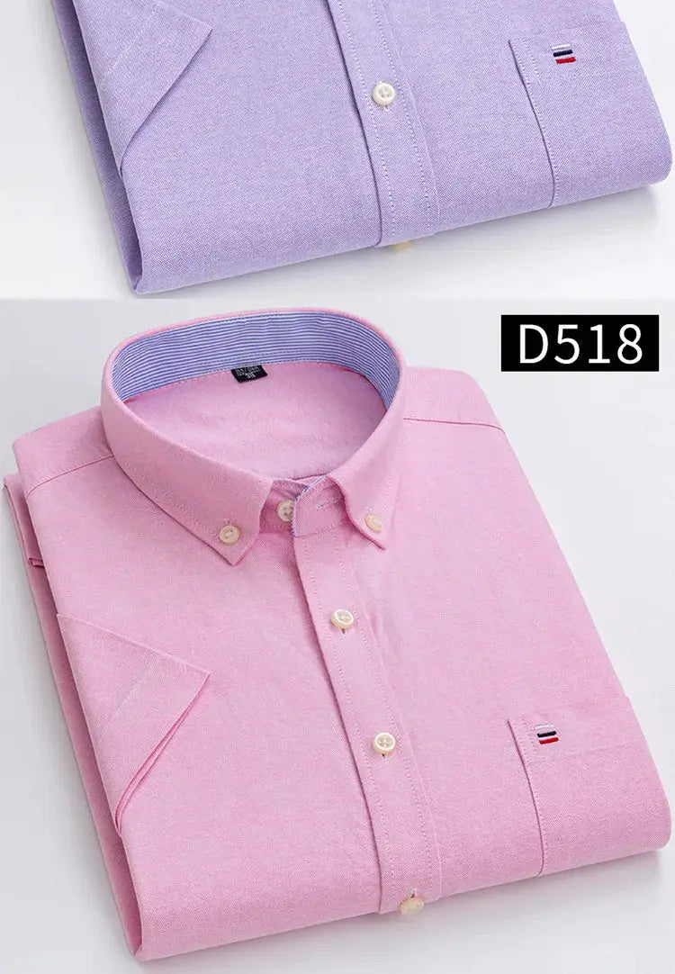 Simples Market men's short-sleeve 100% cotton oxford social shirt pair in lavender and pink with logo pocket