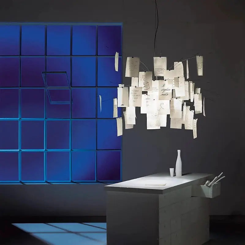 Chandelier lamp inspired by Ingo Maurer, colored paper design with hanging notes, LED E27, Simples Market