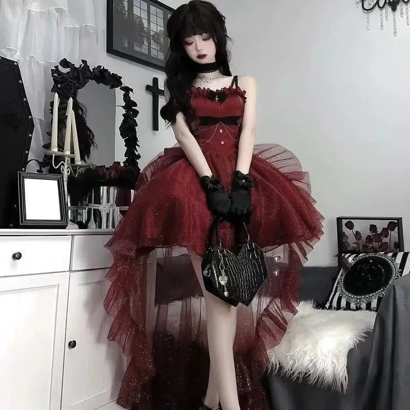 Gothic Y2K Sling Party Dress For Women Harajuku Retro Tulle Ruffles