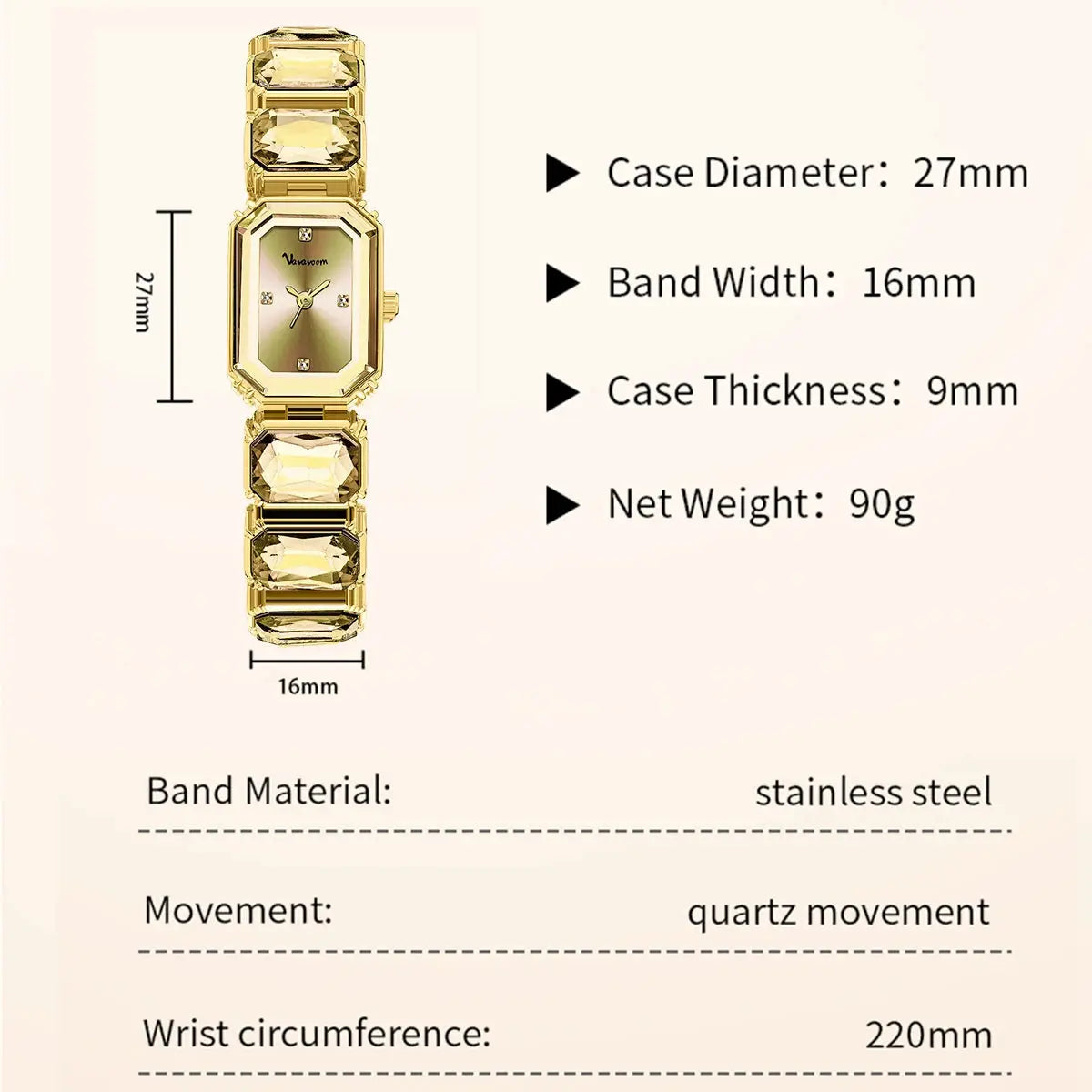 Women's square watch by Simples Market in rose gold stainless steel with rhinestone bracelet, quartz movement.