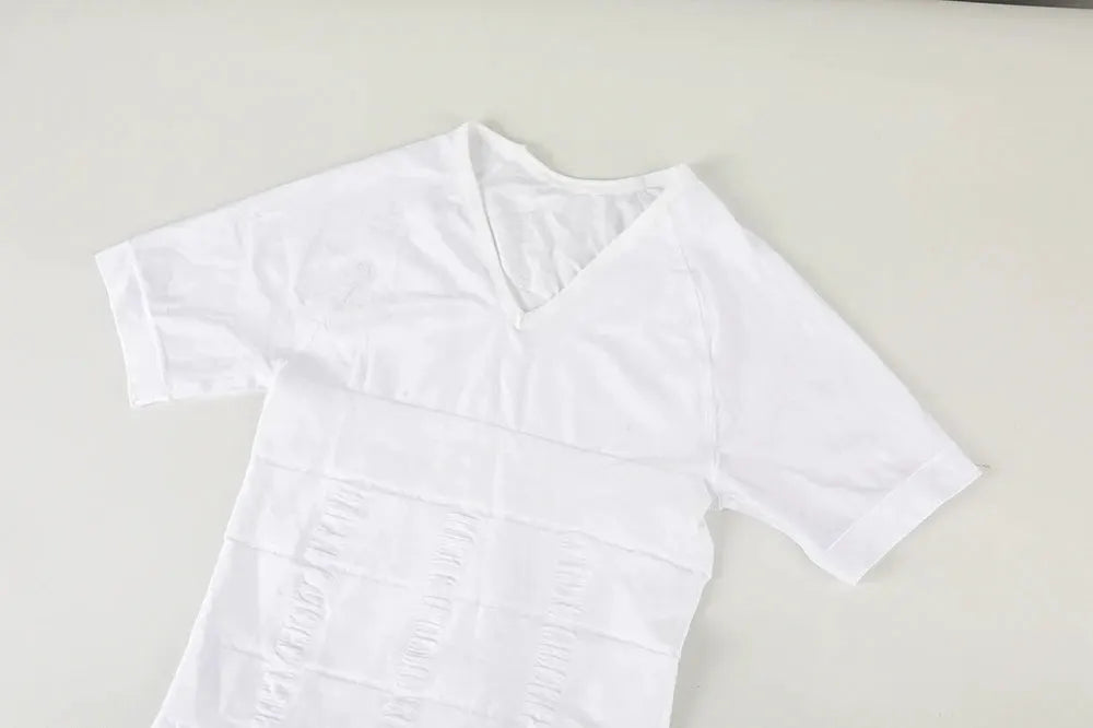 White men's short-sleeve V-neck compression T-shirt with tummy control shapewear