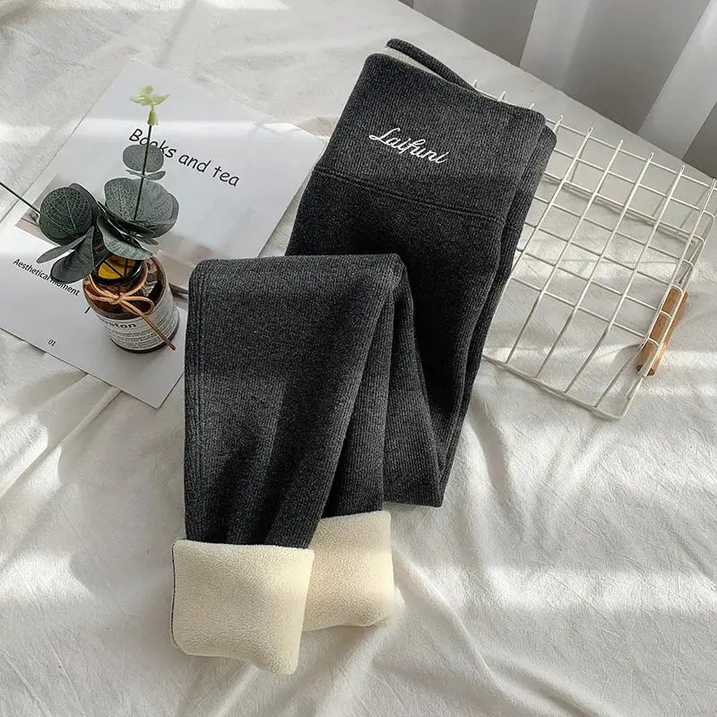 Winter warm fleece-lined leggings for women, high-waist thermal pants, dark gray, two pairs by Simples Market
