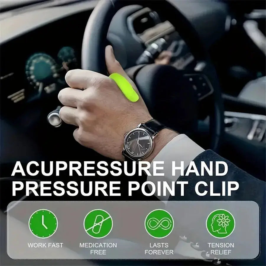 Shiatsu thumb and hand acupressure clip in neon green on a driver's thumb inside a car