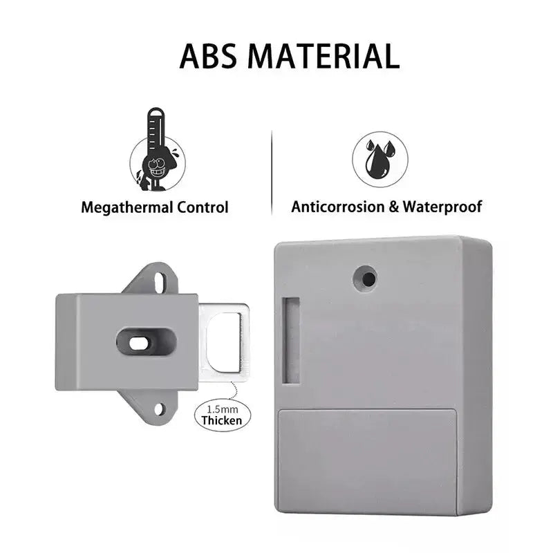 Two-piece Smart RFID lock for furniture cabinets by Simples Market; hidden installation, no drilling, ABS material.