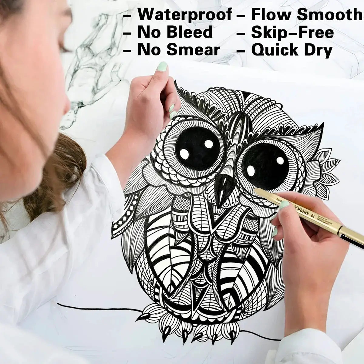 Fineliner pen set by Simples Market for hand-drawn sketches; intricate black-and-white owl illustration.