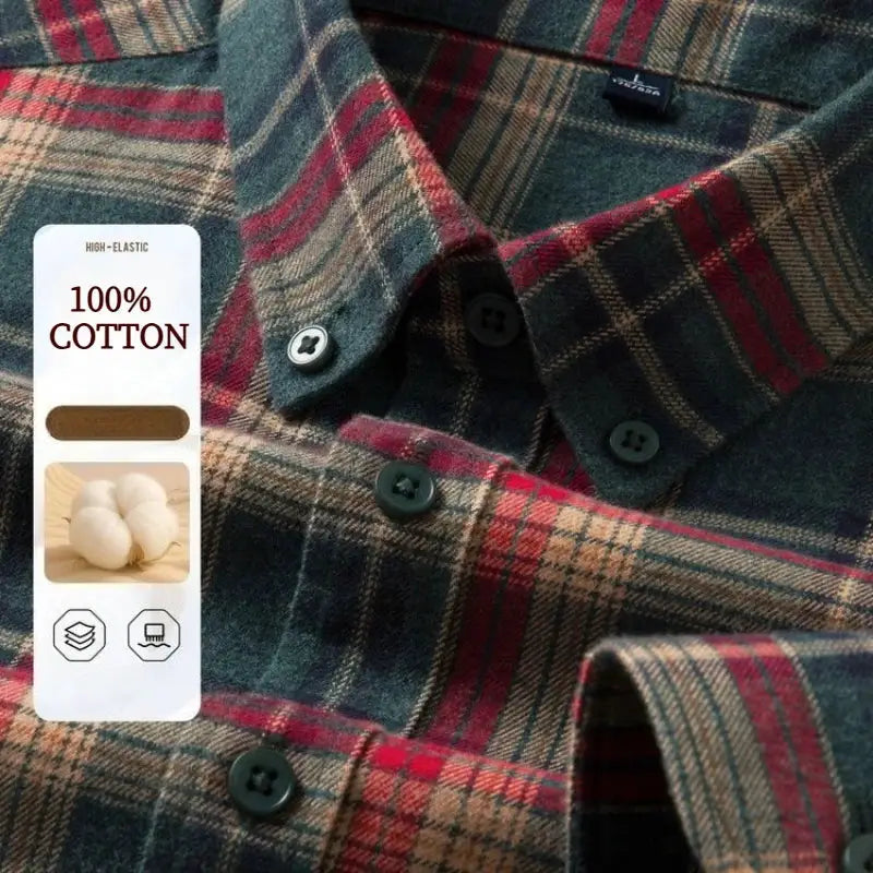 Simples Market men's 100% cotton plaid flannel shirt, multicolor with dark green button-front