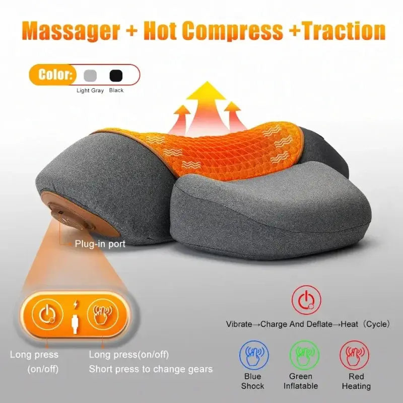 Electric Neck Massager Pillow by Simples Market, gray with orange heating pad, featuring heating, vibration and traction