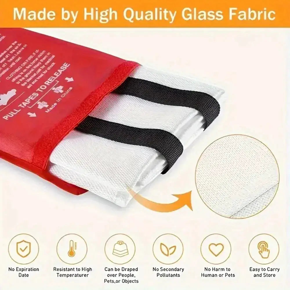 Emergency fire blanket by Simples Market; white fiberglass blanket in a red pouch with black straps