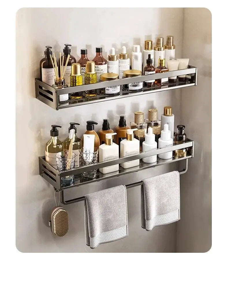 Simples Market no-drill aluminum corner bathroom shelf, two-tier shampoo organizer with towel bar in silver.