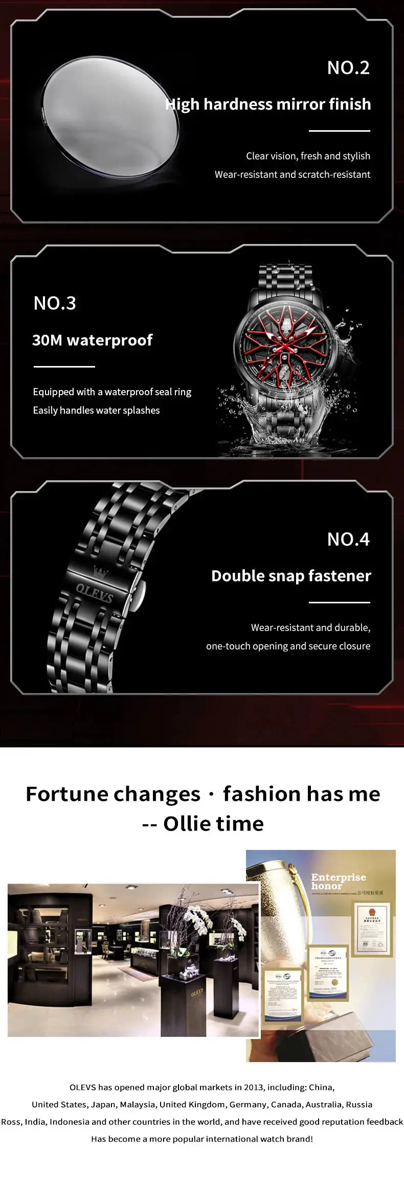 OLEVS men's stainless steel watch with red dial, 30M waterproof and metal bracelet
