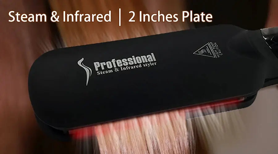 Steam & Infrared hair straightener with 2-inch plate, black ceramic flat iron