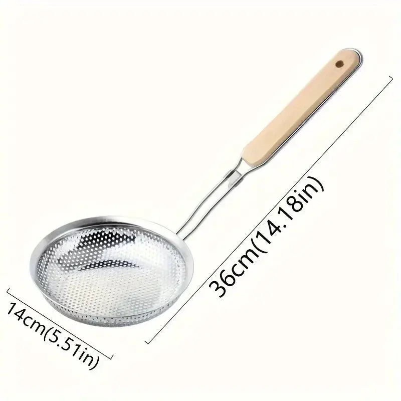 CulinaCraft Stainless Steel Colander With Wooden Handle Fine Mesh Strainer For Pasta Noodles Grease Filtration
