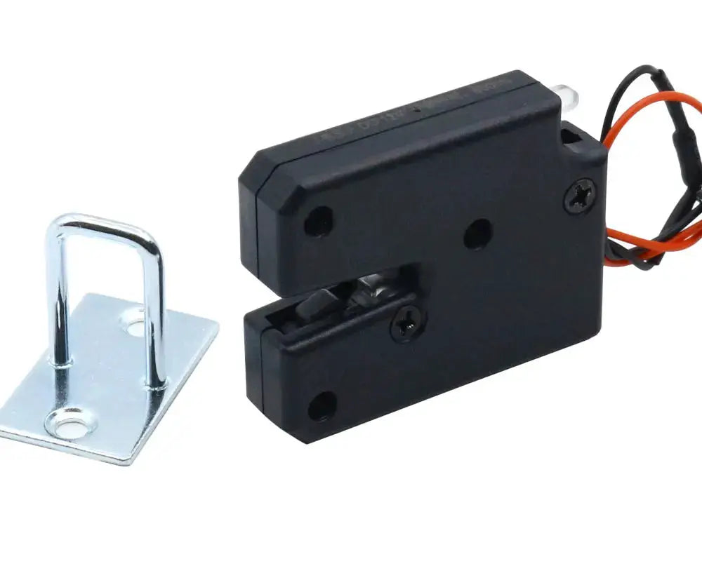 Simples Market mini electric cabinet lock and strike plate, 2-piece set, black plastic body with wired connections