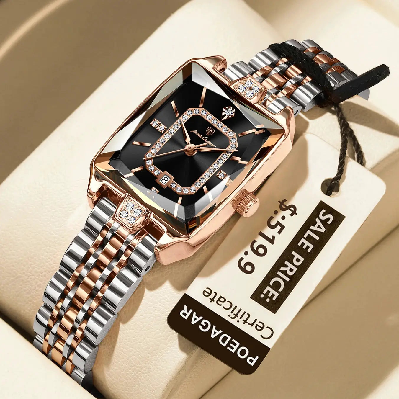 POEDAGAR luxury rectangular women's watch with two-tone rose gold and silver stainless steel band and crystal bezel