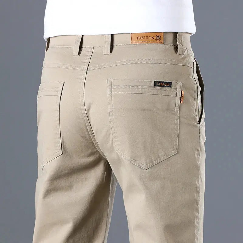 Men's beige pure cotton casual pants, Simples Market, slim straight fit with back pockets