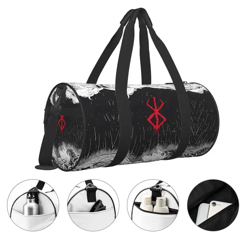 Bereserk gym bag by Simples Market, black and white cylindrical sports bag with red emblem, waterproof, large capacity