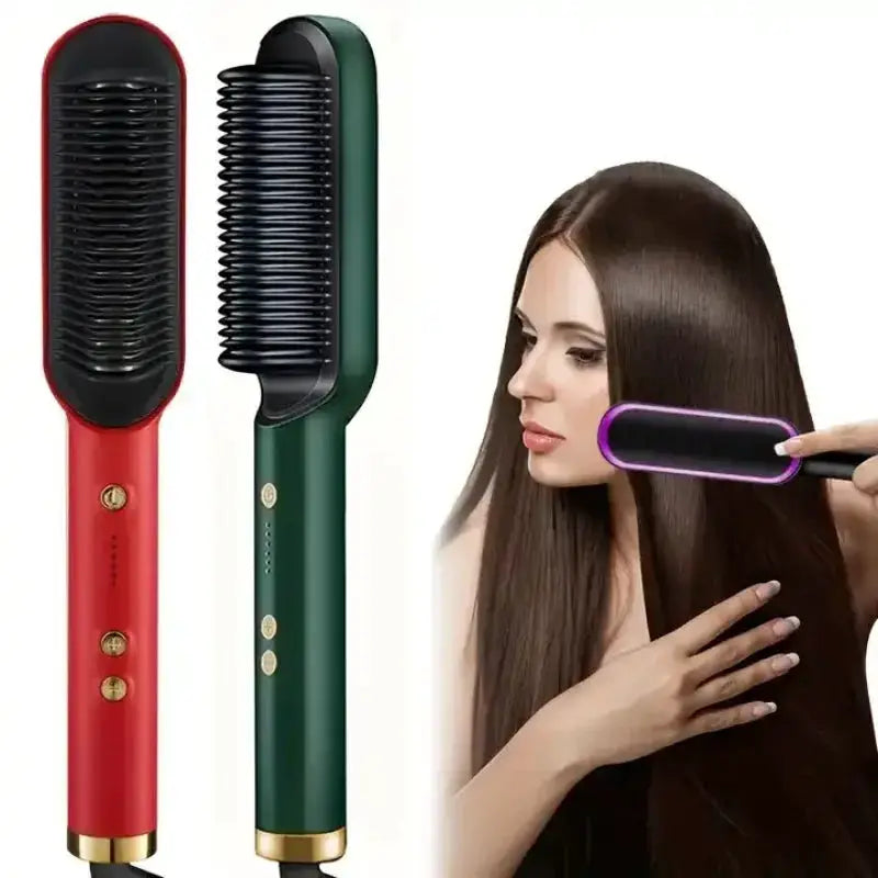 Electric 3-in-1 hair straightening brush by Simples Market with ceramic plates; red and green 2-pack