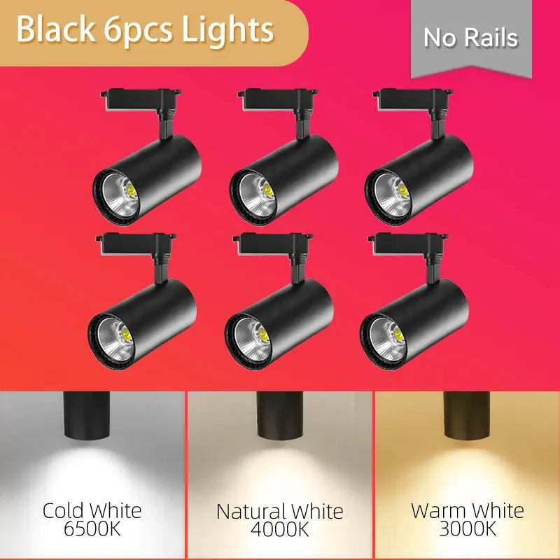 Simples Market black 6-pack spot LED track lights with track mounts; shows 6500K, 4000K, 3000K options