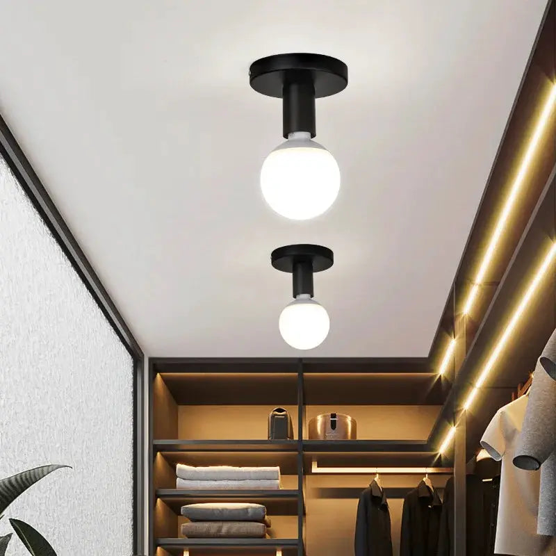 Minimalist black E27 ceiling light set of 2, iron frame, globe bulbs, modern Nordic retro