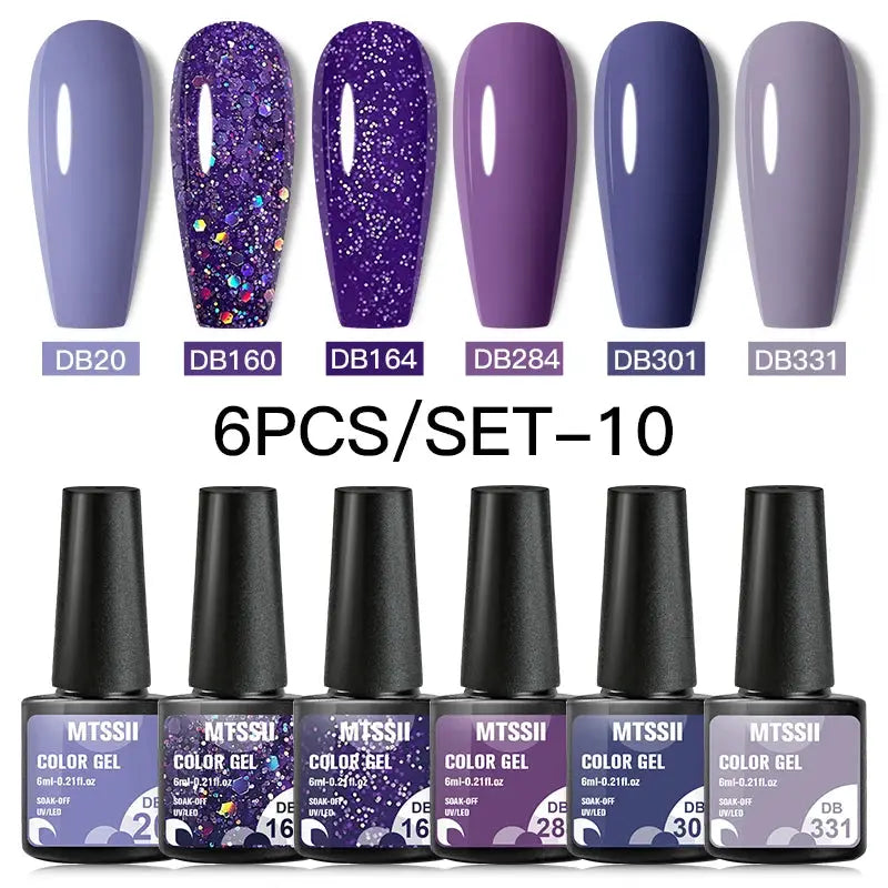 Simples Market 6-piece purple gel nail polish set with glitter accents; MTSSII color gel bottles shown.