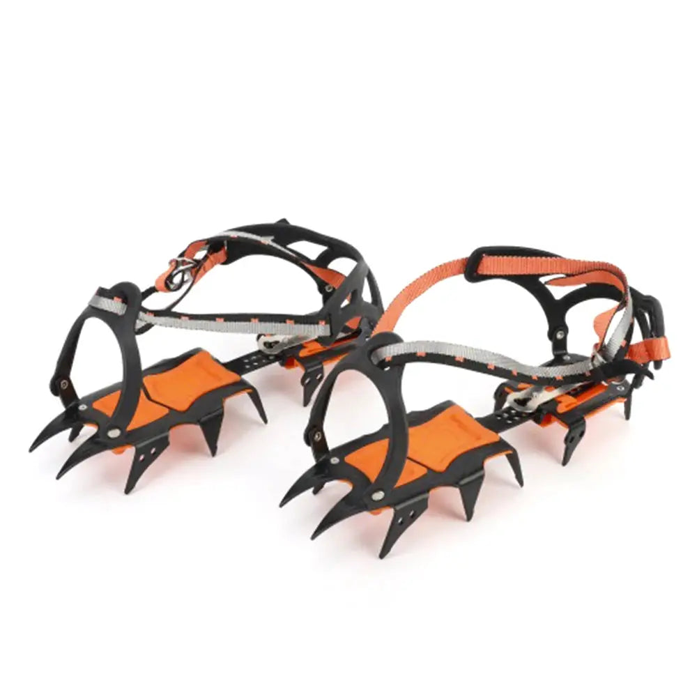 Simples Market 12-tooth crampons with orange straps and black frame, stainless steel spikes, pair.